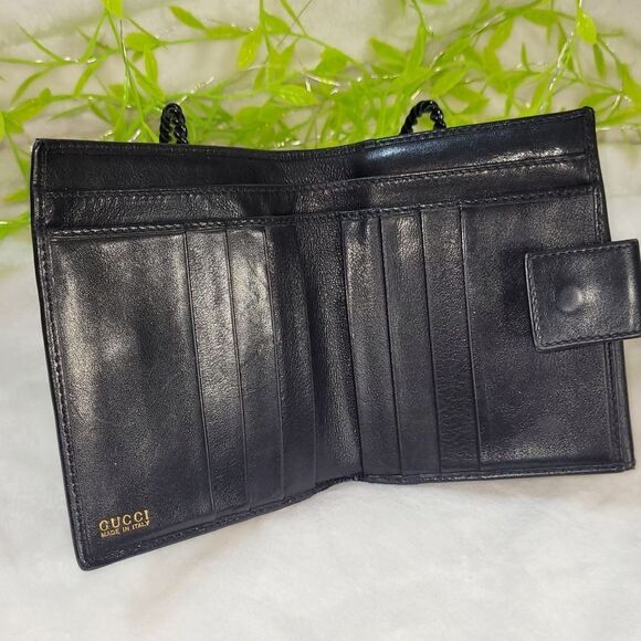 Authentic Gucci Black Lambskin Leather & Bamboo Compact Wallet - Picture 11 of 17